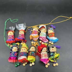 Chinese Ethnic Minority Wood Dolls 10 pc Ornaments Decorations Multi Colored